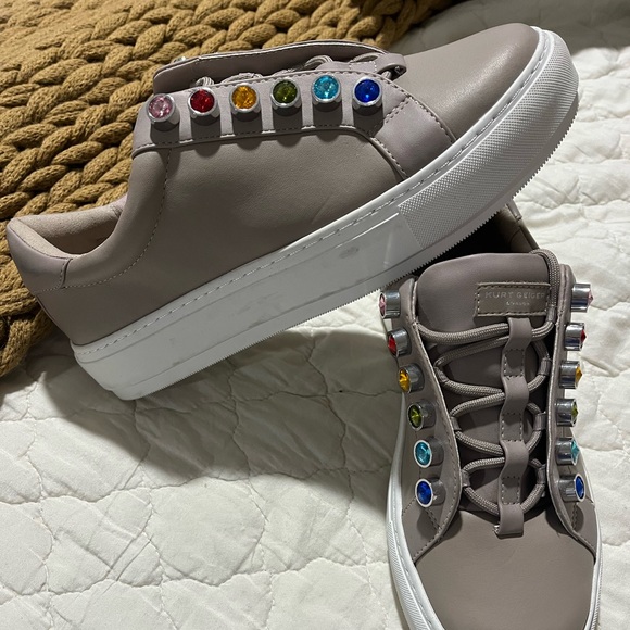 Kurt Geiger Taupe Sneakers with Colorful Gem Accents - Picture 1 of 3